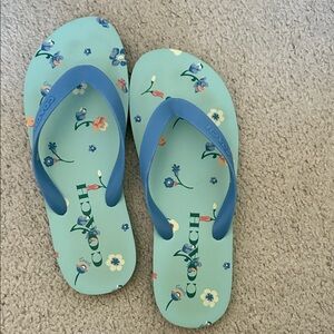 Coach Blue and Green Floral Flip Flops